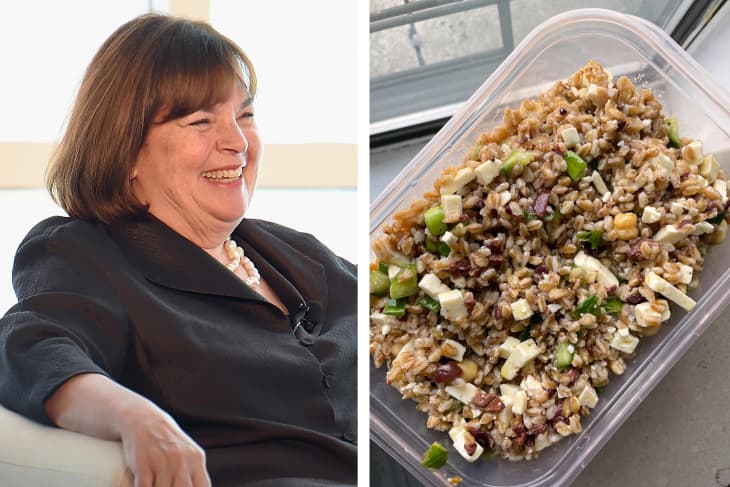 Side by side photos. Left side: Ina Garten sitting in a chair and laughing. Right side: overhead view of homemade farro tabbouleh salad on windowsill