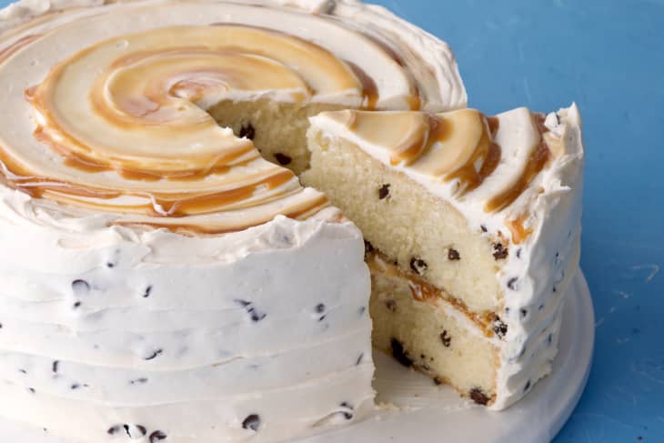 caramel chip cake with one slice cut out