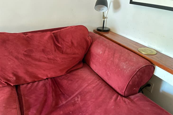 Sofa before cleaning using Tik Tok upholstery cleaning hack.