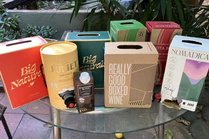 Table with multiple boxed wines