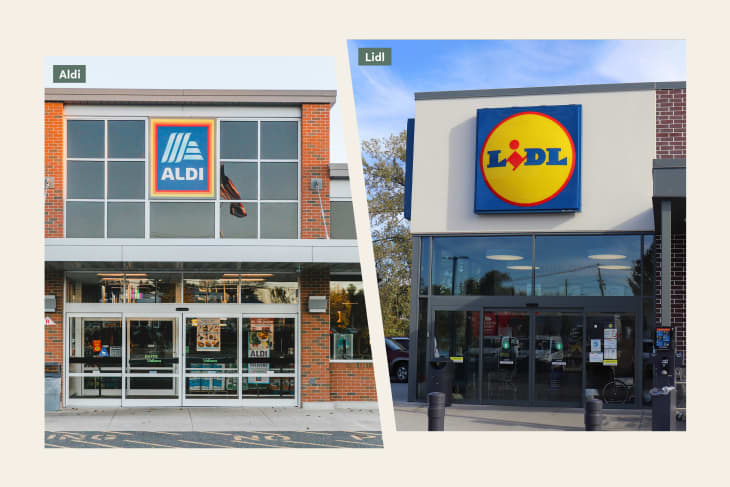 Left: photo of Aldi storefront; right: photo of Lidl storefront