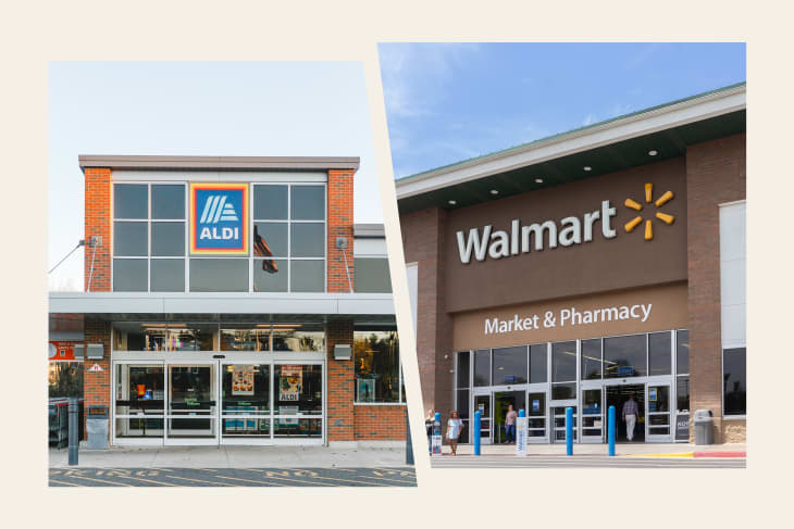 Left to right: Aldi storefront, Walmart storefront.