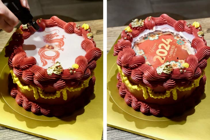 Lunar New Year Dragon Cake before and after heat is applied.