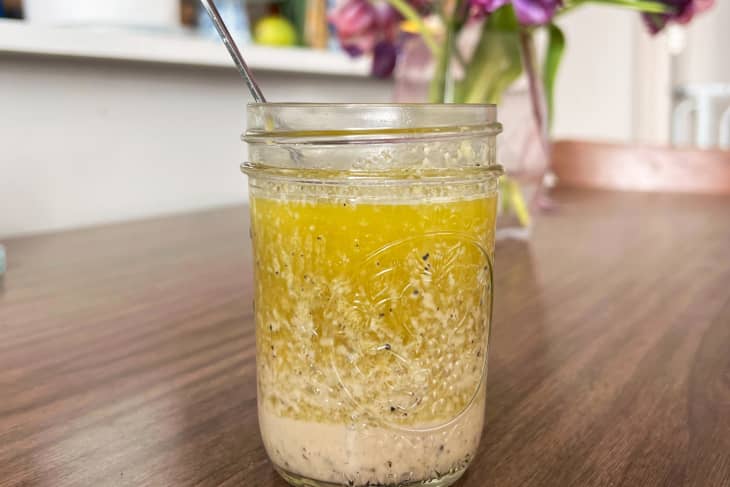 Homemade salad dressing in mason jar.