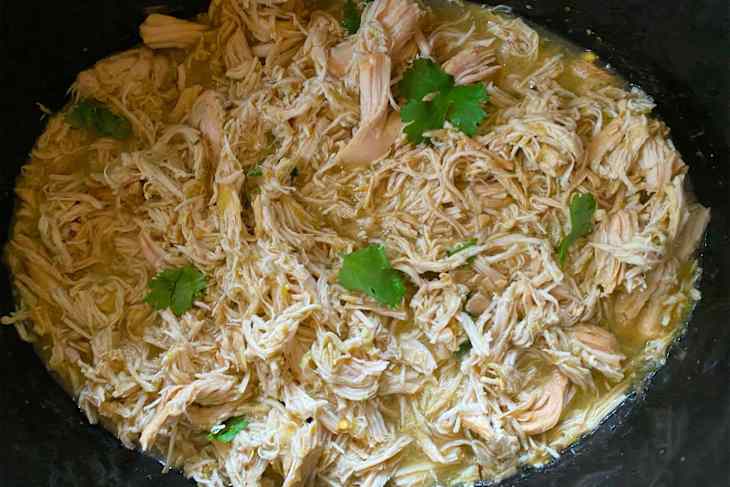 Shredded two ingredient chicken in slow cooker.