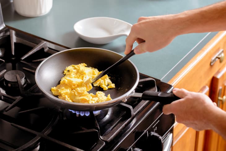 Eggs cooked on stove in nonstick skillet
