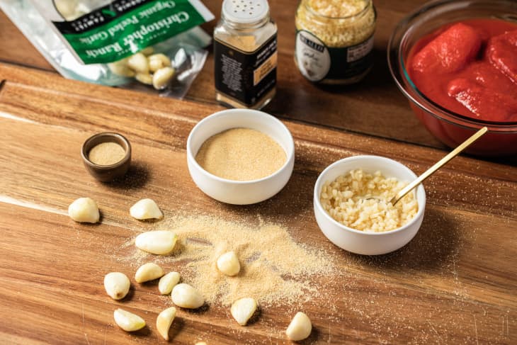 Various garlic products laid out on counter top.