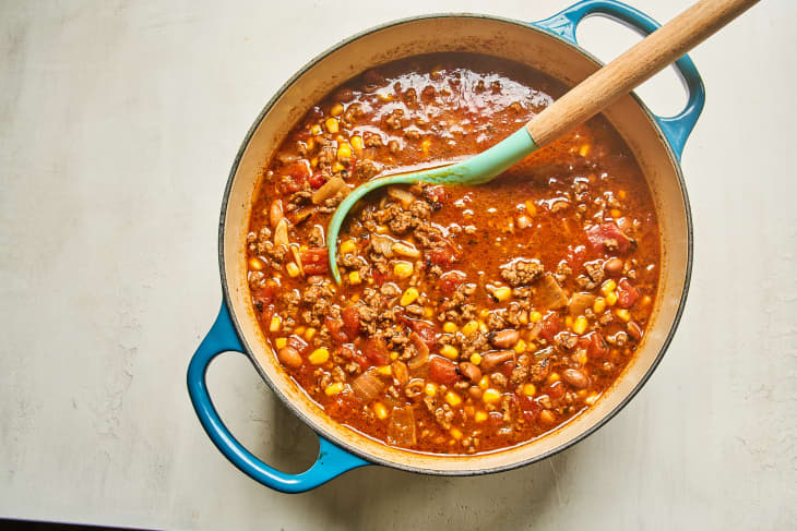 Taco-inspired soup = one dreamy bowl that rivals even the best chili, without taking its spot. Thick and hearty, this one-pot tomato-based ground beef recipe is spiced with taco seasoning and studded with corn and pinto beans.