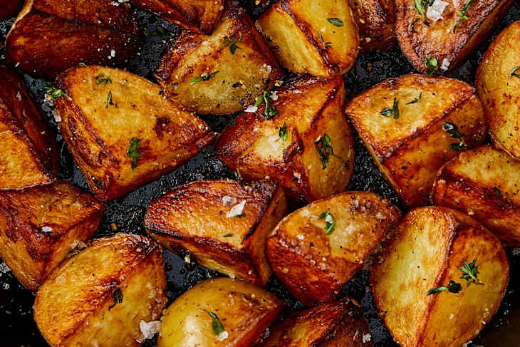 Close up of crispy skillet fried potatoes
