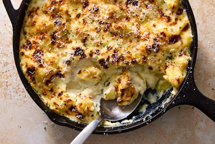 Overhead shot of the finished gnocchi alfredo bake in a black cast iron pan, topped with grated cheese and herbs.