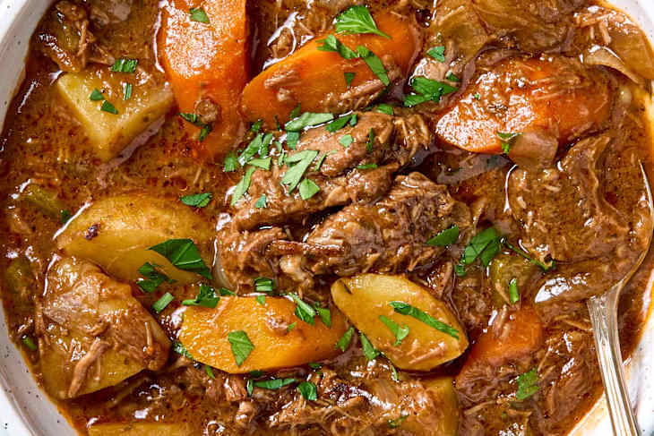 A bowl of slow-cooked beef stew,