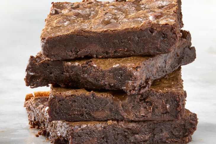 head on shot of four brownies stacked on top of each other