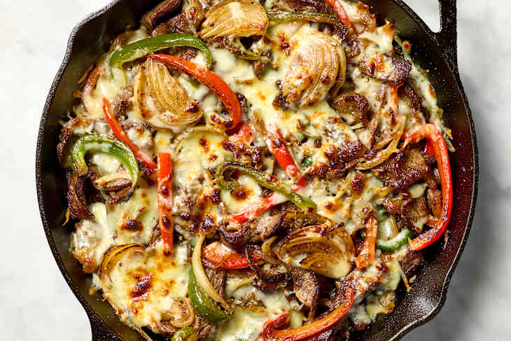 overhead shot of the philly cheesesteak skillet