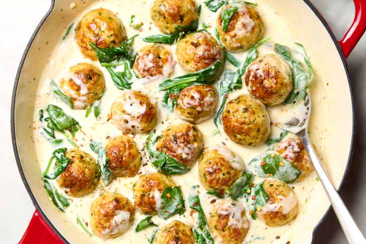 overhead shot of parmesan chicken meatballs with creamy spinach in a red cast iron pan