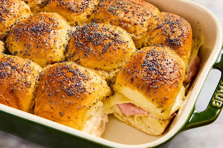 ham and cheese sliders in a baking dish
