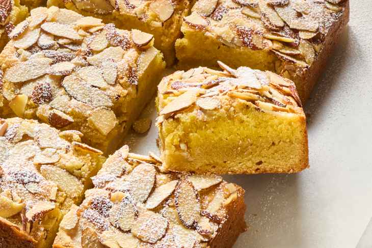 almond croissant cookie bars in a row
