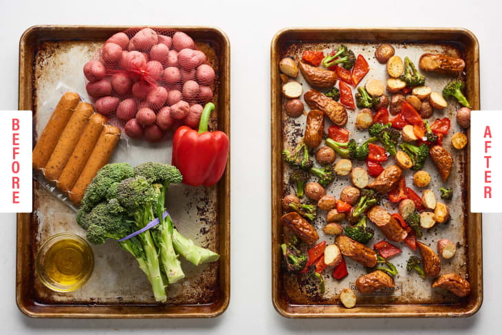Before and after of roasted vegetables and sausage on baking sheets, featuring potatoes, broccoli, and red bell pepper.