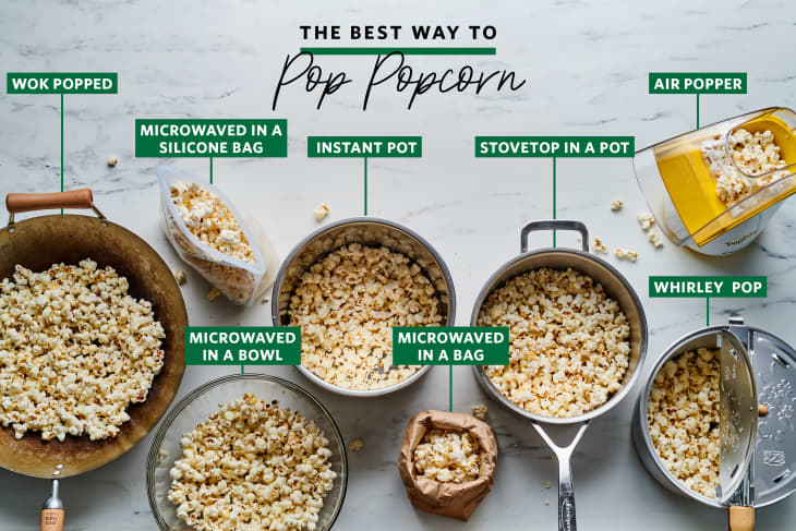 all the different types of ways to pop popcorn; wok, microwave, instant pot, stovetop, whirly popper, air popper, shown next to each other