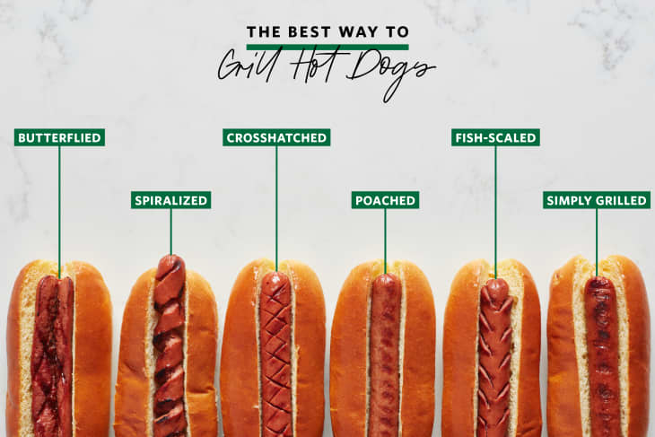 Six hot dogs in buns with different grilling styles: butterflied, spiralized, crosshatched, poached, fish-scaled, simply grilled.