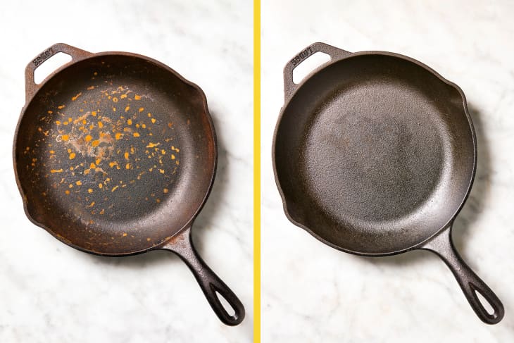 cast-iron skillet before and after rust-cleaning