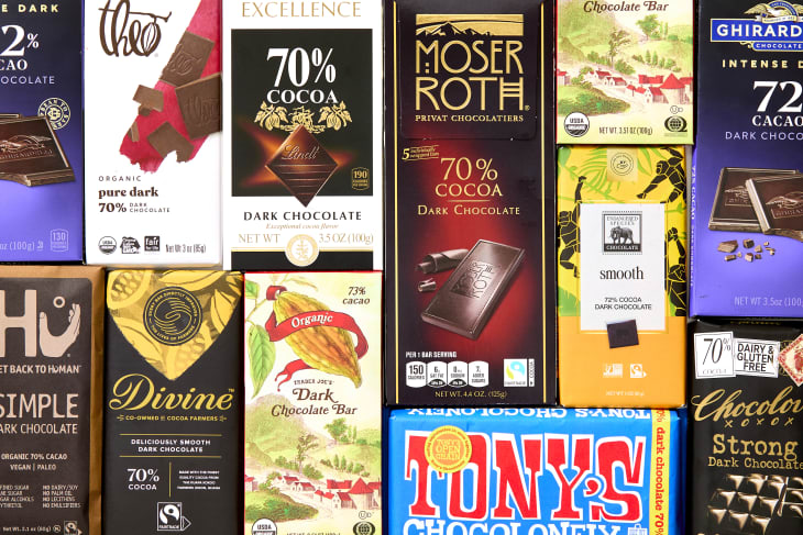 overhead shot of an assortment of chocolate brands like Theo, Lindt, Moser Roth, Tony's, Trader Joe's and Divine.