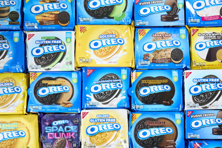 overhead shot of 17 types of oreo cookies in a grid