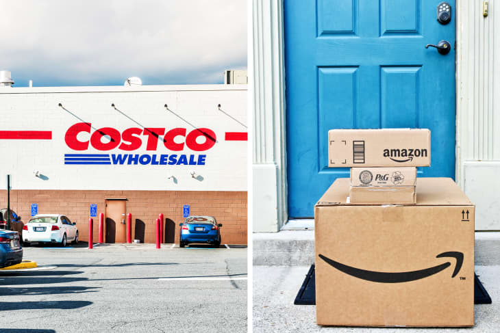 Costco storefront with parked cars; Amazon packages stacked at a blue door.