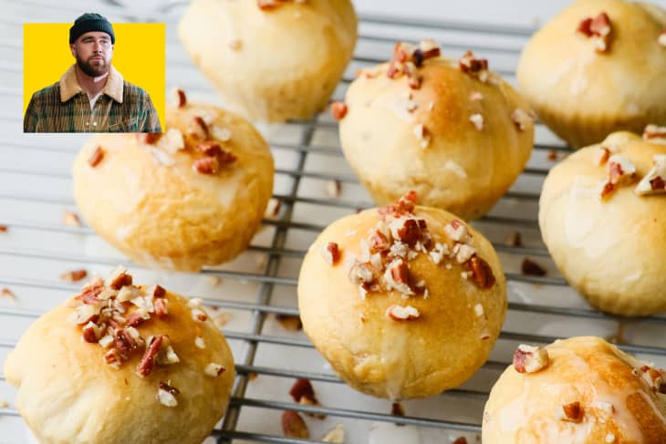 Travis Kelce's Magic Marshmallow Rolls on a cooling rack with inset photo of Travis Kelce