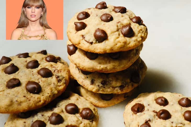 a stack of chocolate chip cookies with an inset photo of Taylor Swift