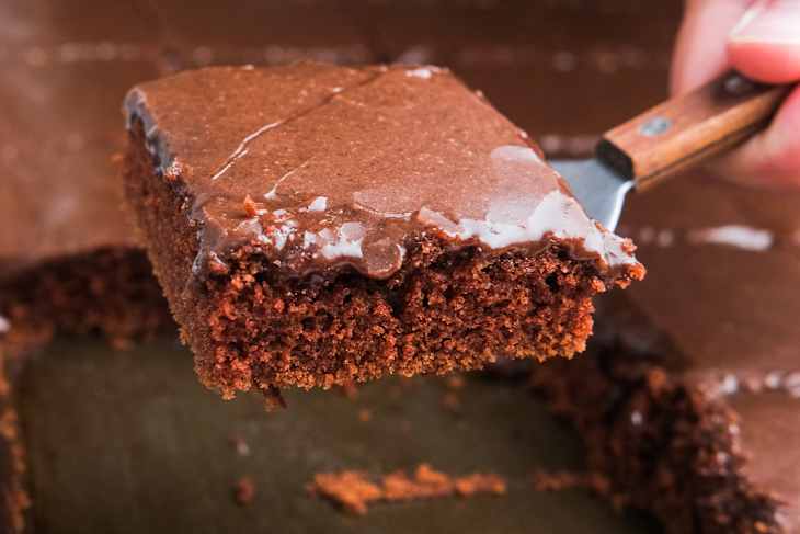 Someone holding a slice of Jennifer Garner's Chocolate Cake on a cake server