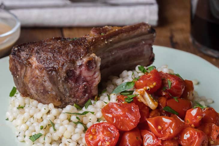 Recipe: Lamb Chops with Mustard Shallot Sauce, Roasted Tomatoes & Pearl