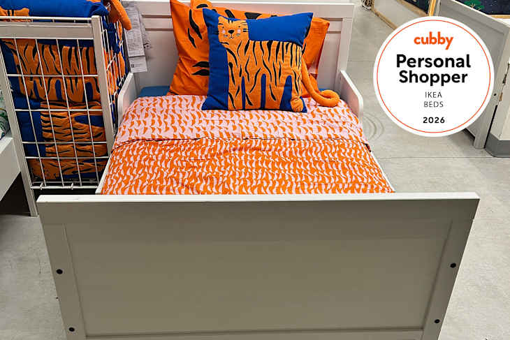 IKEA bed in store with personal shopper seal in upper right corner