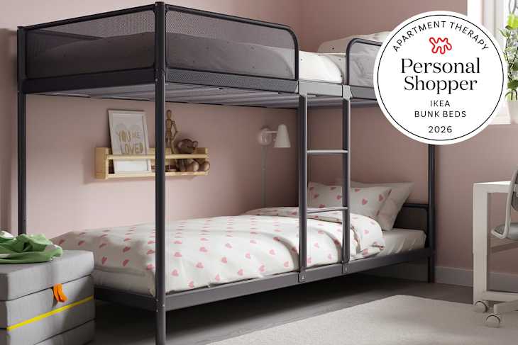 Ikea bunk bed in child's room with personal shopper seal to the right.