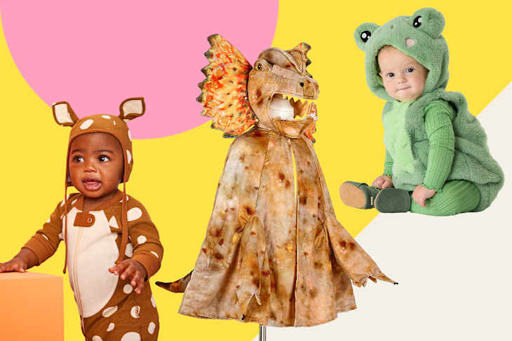 3 kids' halloween costumes on a colorful background
