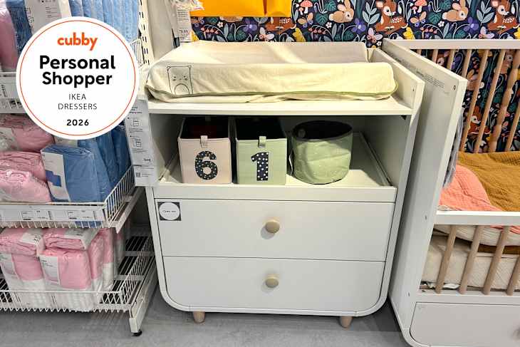 MYLLRA Changing table with drawers in IKEA store with personal shopper seal in upper left