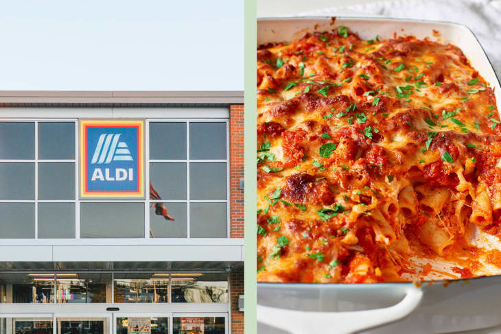 Diptych with Aldi storefront on left and lasagna on right.