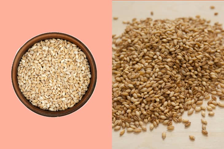 L: pearl barley in simple clay bowl | R: Close up view of Italian organic Barley on a board