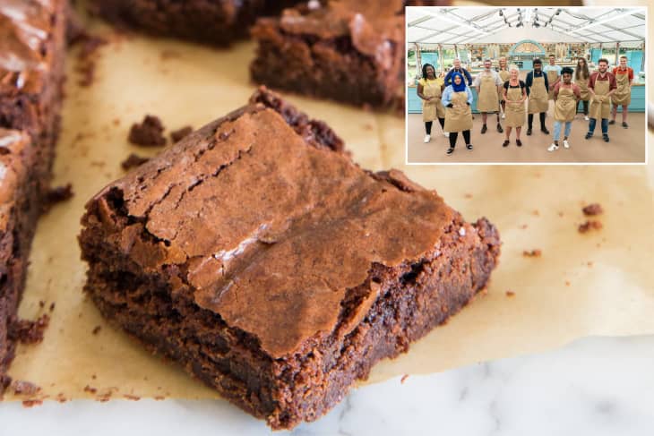 Classic brownie in center with contestants of the Great British Baking Show in top right corner.