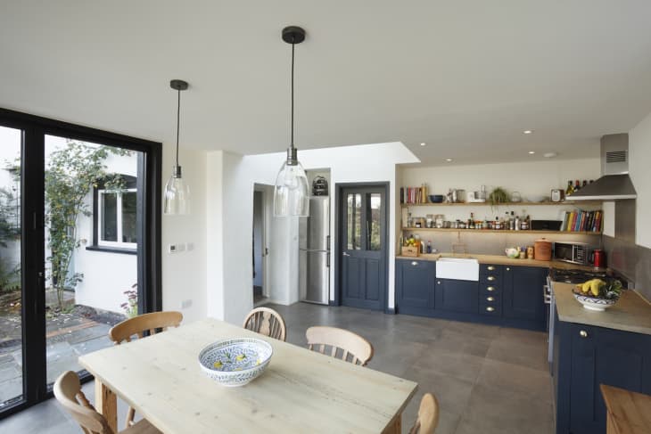 New kitchen and diner extension interior. Built onto the side of a listed historic building.