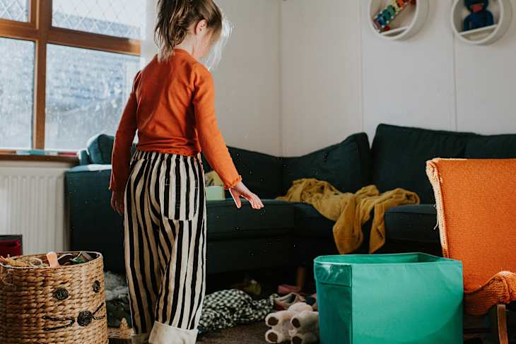 A little girl in a untidy playroom