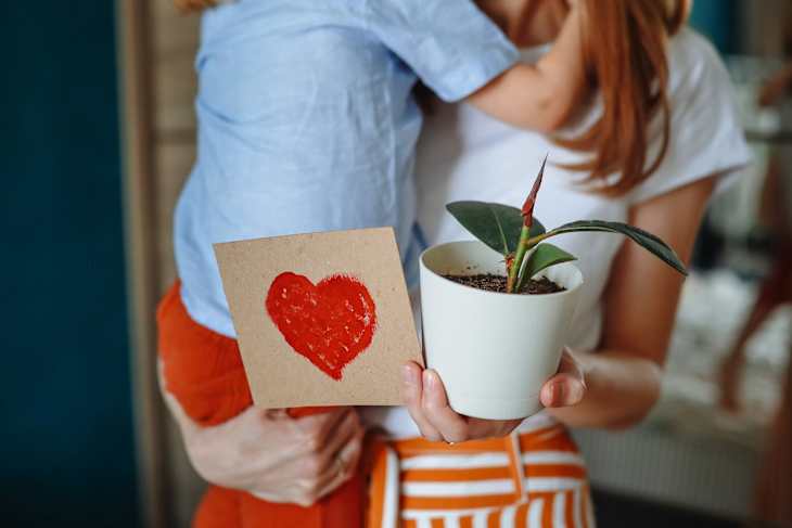 Toddler gives his mom a heart-shaped card and a potted ficus plant for Mother's Day