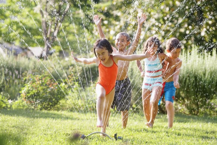 Children running through water sprinkler on a large lawn with trees, bushes in background