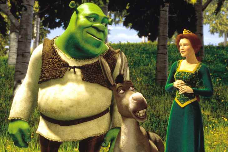 SHREK US 2001 Shrek Donkey Princess Fiona SHREK US 2001 L-R MIKE MEYERS voices Shrek EDDIE MURPHY voices Donkey CAMERON DIAZ voices Princess Fiona Date 2001, Photo by: Mary Evans/DREAMWORKS SKG/Ronald Grant/Everett Collection(10389971)