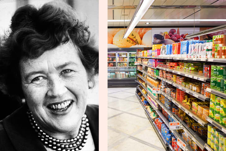 Diptych of Julia Child on left and grocery store aisle on right.