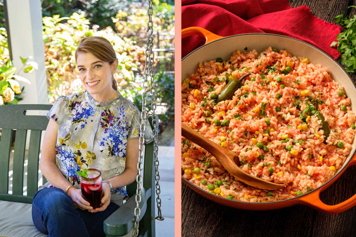 Diptych with Pati Jinich on left and Arroz Rojo on the right.