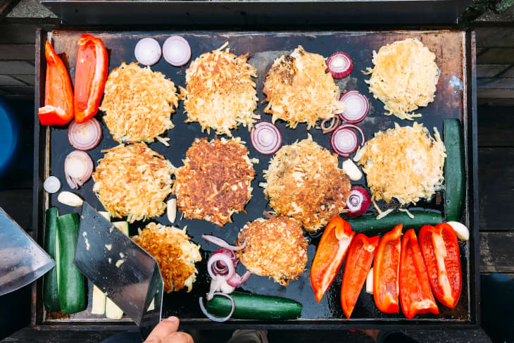 Zucchini Potato Pancakes And Vegetables On A Plancha Grill