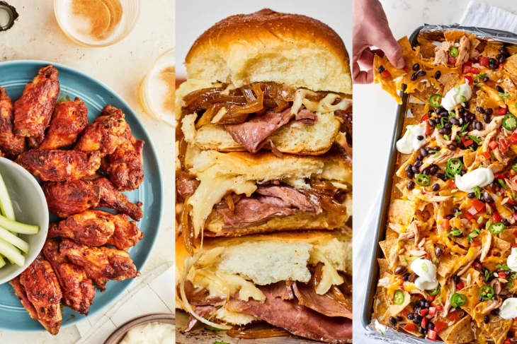Triptych of left to right: Chicken wings, Hawaiian sliders, and chicken nachos.