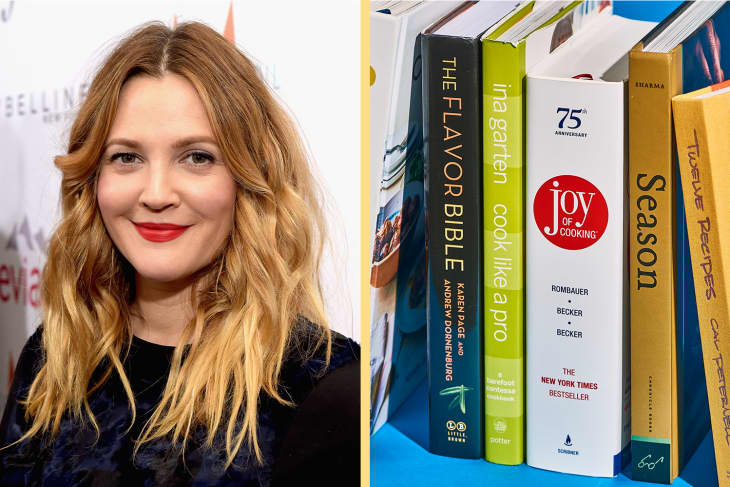 Diptych of Drew Barrymore and cookbooks