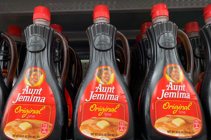 Bottles of Aunt Jemima syrup on the shelf
