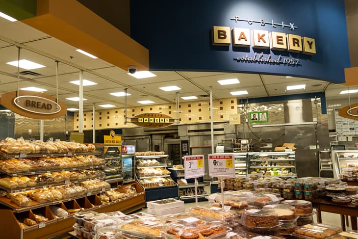 The bakery department of a Publix grocery store where all sorts of tasty baked goods are displayed.